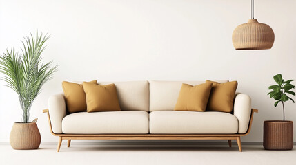 A modern living room with a beige sofa featuring yellow pillows, flanked by two potted plants in woven baskets and illuminated by a woven pendant lamp.