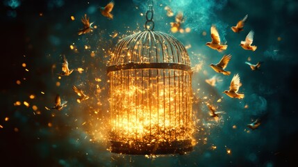 open birdcage with birds flying, Freeddom, Art