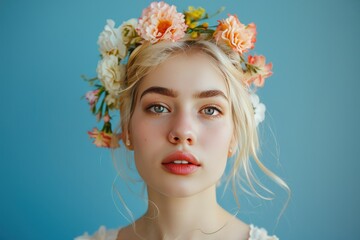 Fototapeta premium A woman with a flower headdress and a blue background, generative ai image