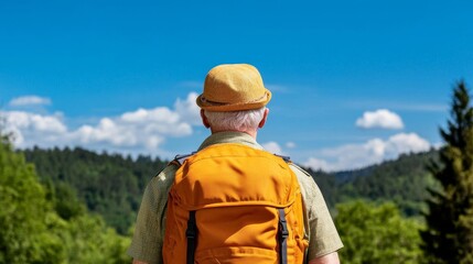 Elderly man enjoying a scenic hike through a national park, capturing adventure and wellness