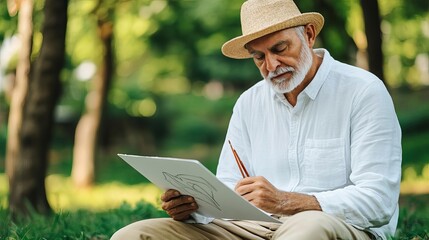 Elderly man sketching in a nature park, illustrating art therapy for mental and emotional health