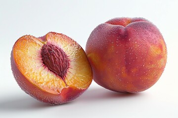 a peach cut in half with a white background