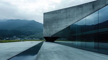 A concrete and glass building with an abstract rock-inspired design.
