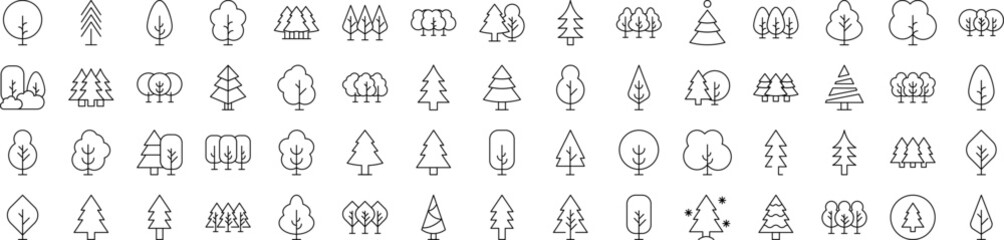 Tree and Forest Line Icon Set. Modern Collection for Design, Web Sites, Apps, Cards. Contains Linear Images of Deciduous and Coniferous Trees