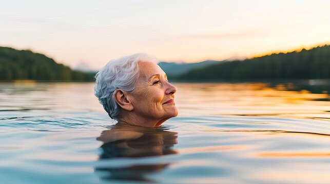 Elderly woman swimming in a lake at sunrise, embodying active aging and freedom