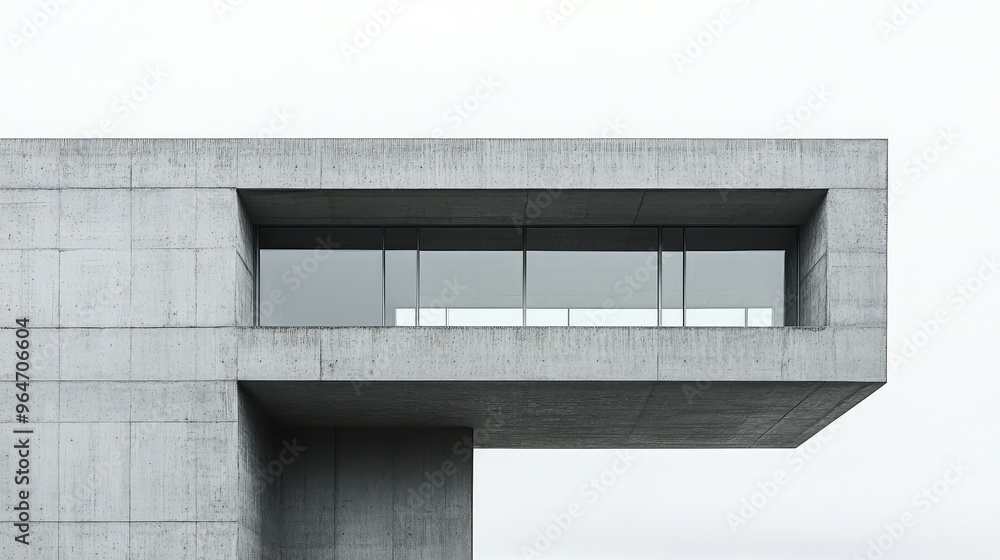 Poster a concrete and glass structure with an abstract rocky profile, front view with a small window.