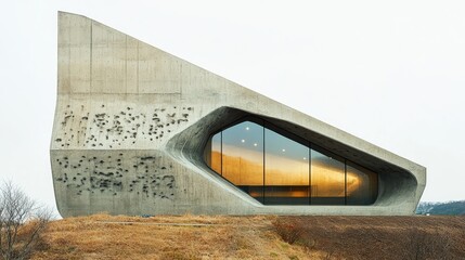 Abstract, rock-shaped building in concrete and glass.