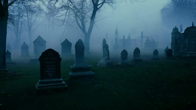 A foggy graveyard at night, with shadows moving between the tombstones, creating an eerie and unsettling atmosphere.