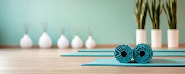 Modern wellness studio with a calm color palette, featuring yoga mats and aromatherapy diffusers