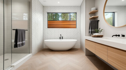 Fototapeta premium Modern bathroom with a freestanding bathtub, glass-enclosed shower, floating vanity, and large mirror. Features herringbone tile walls, light wood cabinetry, and natural light.