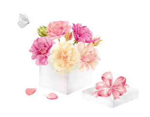 Open watercolor white gift box with bouquet of roses, ribbon bow. Realistic hand drawn illustration