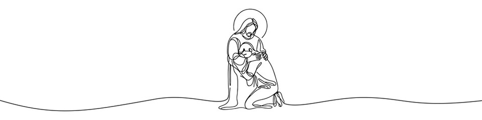 Single line style vector image on white background. Jesus embraces a sinner, man in the arms of Jesus