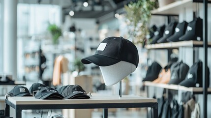 A store display of hats and shoes with a white hat on a mannequin