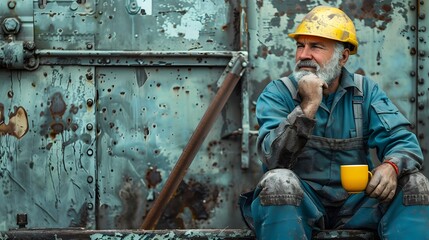 Mature construction worker taking a break on site and drinking a hot coffee beverage