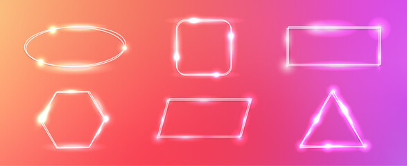Set of neon double frames with shining effects