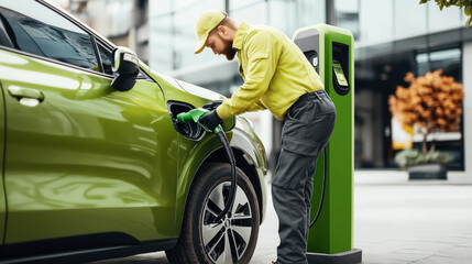 A man in casual work attire is seen charging a green electric car at an outdoor charging station in an urban environment during the day.