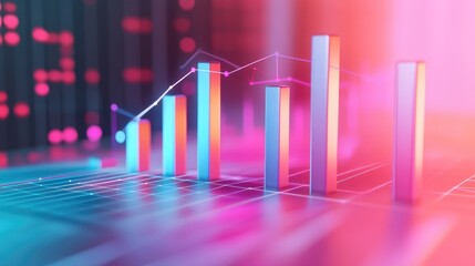 3D Rendered Neon Bar Chart with Upward Trend Line