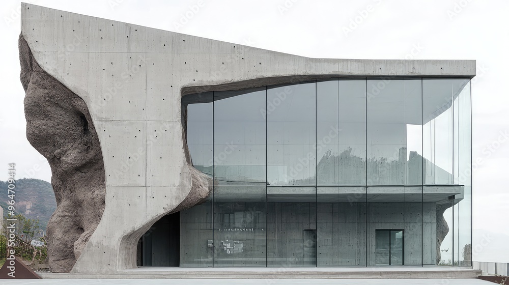 Poster front view of a concrete and glass building with an abstract rock-like profile.