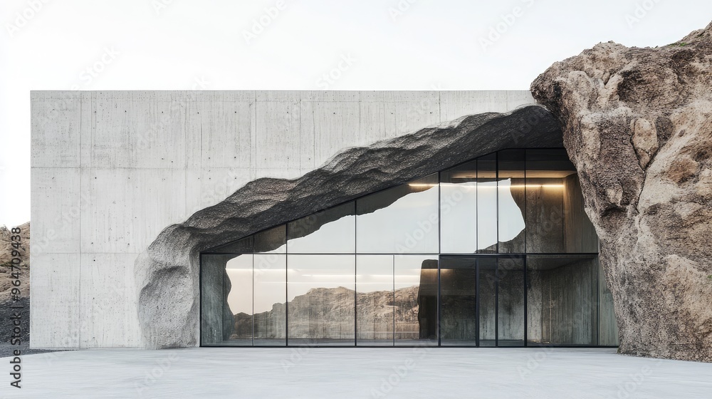 Poster front view of a concrete and glass building with an abstract rock-like profile.