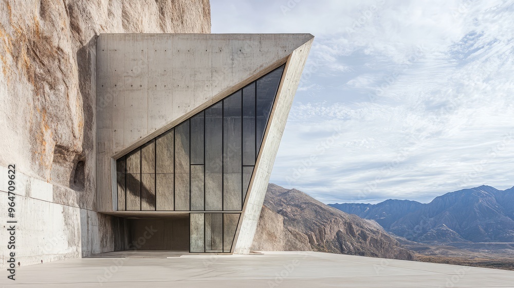 Poster front view of a concrete and glass structure with an abstract, rock-like profile.
