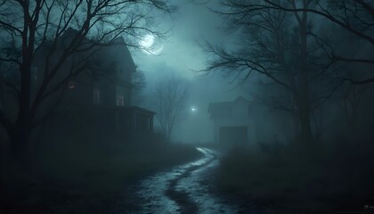 Obraz premium Fog in the woods with houses and bright moonlight Halloween Background
