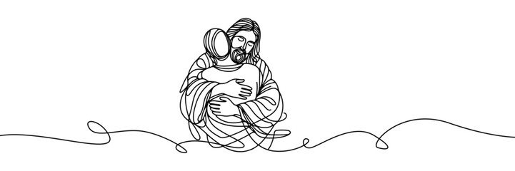 Single line style vector image on white background. Jesus embraces a sinner, man in the arms of Jesus