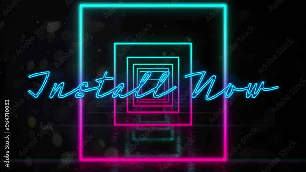 Poster animation of install now text over glowing neon pattern on black background