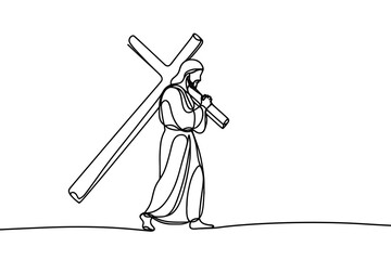 Single line style vector image on white background. jesus carrying the cross