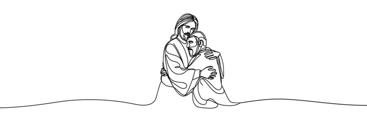 Single line style vector image on white background. Jesus embraces a sinner, man in the arms of Jesus