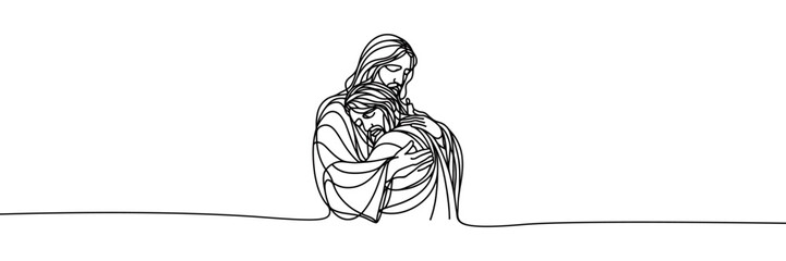 Single line style vector image on white background. Jesus embraces a sinner, man in the arms of Jesus