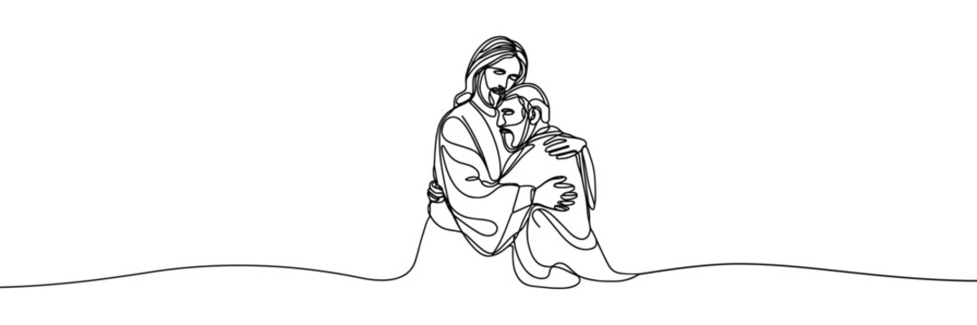 Single line style vector image on white background. Jesus embraces a sinner, man in the arms of Jesus