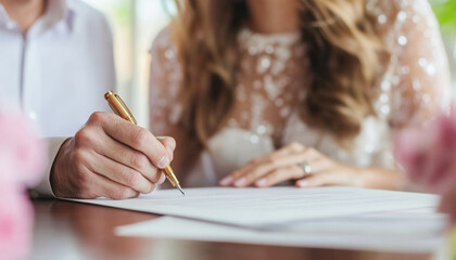 Groom signing marriage license with bride sitting beside him