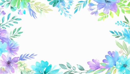 青と紫のお花の水彩画イラストフレーム背景
