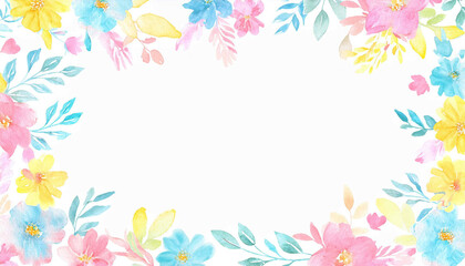 カラフルなお花の水彩画イラストフレーム背景