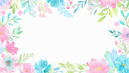 ピンクとブルーのお花の水彩画イラストフレーム背景