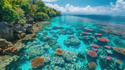 Pristine tropical coral reef with vibrant marine life and crystal-clear water in a stunning natural oasis under a bright blue sky.