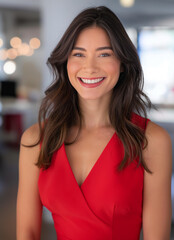 A woman in a red dress is smiling and posing for a photo