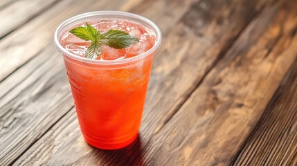 Obraz premium Strawberry soda for advertising. a plastic cup cold strawberry soda on a wooden table. Drink menu. Food banner 