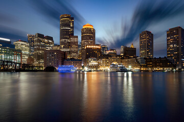 Boston Harbor Skyline and Financial District at sunset time Boston USA