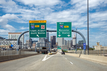 South bound interstate highway 90 through the downtown of Providence. Boston roads and signboard