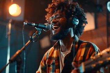 Obraz premium Afro american man singing and playing the guitar in front of a microphone recording song in a music studio production