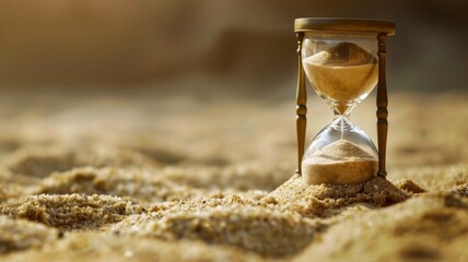 Hourglass half-buried in golden desert sands