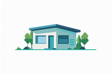 a small blue and white house with trees