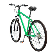 Green bicycle, side back view. Black leather saddle and handles. Png clipart isolated on transparent background