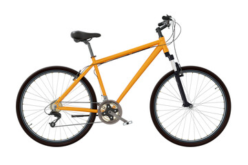 Fototapeta premium Orange bicycle, side view. Black leather saddle and handles. Png clipart isolated on transparent background