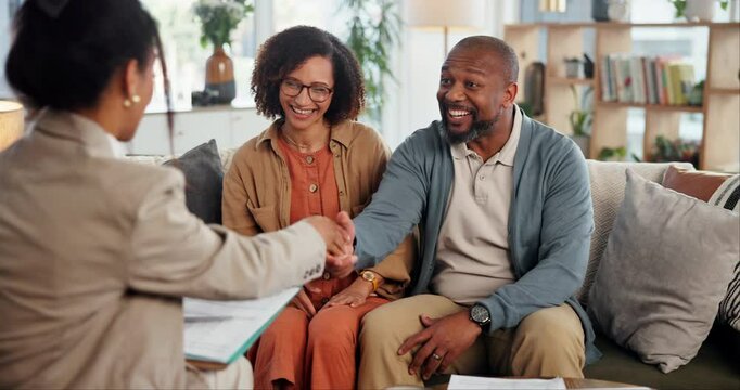 Couple, happy and handshake with real estate agent for consulting, property and rental agreement. People, smile and shaking hands with realtor documents for new home contract, investment or thank you