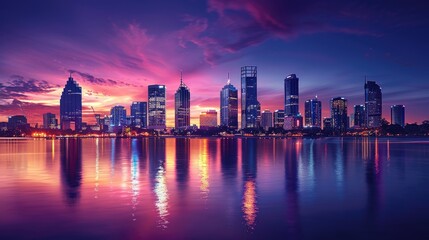 Fototapeta premium Stunning city skyline at sunset with vibrant colors reflected in the calm water, capturing the beauty and serenity of urban life.