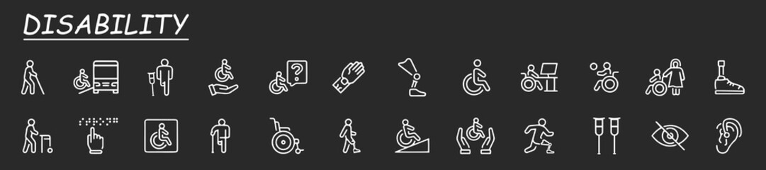 Disability, icon set. disabled people, handicap, physical impairments, assistance, linear icons.