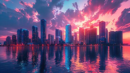 Fototapeta premium Stunning city skyline reflected on water during sunset with vibrant colors in the sky, creating a breathtaking urban landscape panorama.