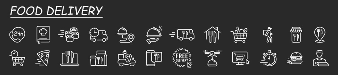Collection of icons symbolizing food delivery, ordering meals, shopping online. Contains such Icons as Courier on the bike, Food Box, Contactless Delivery and more. © Alexander